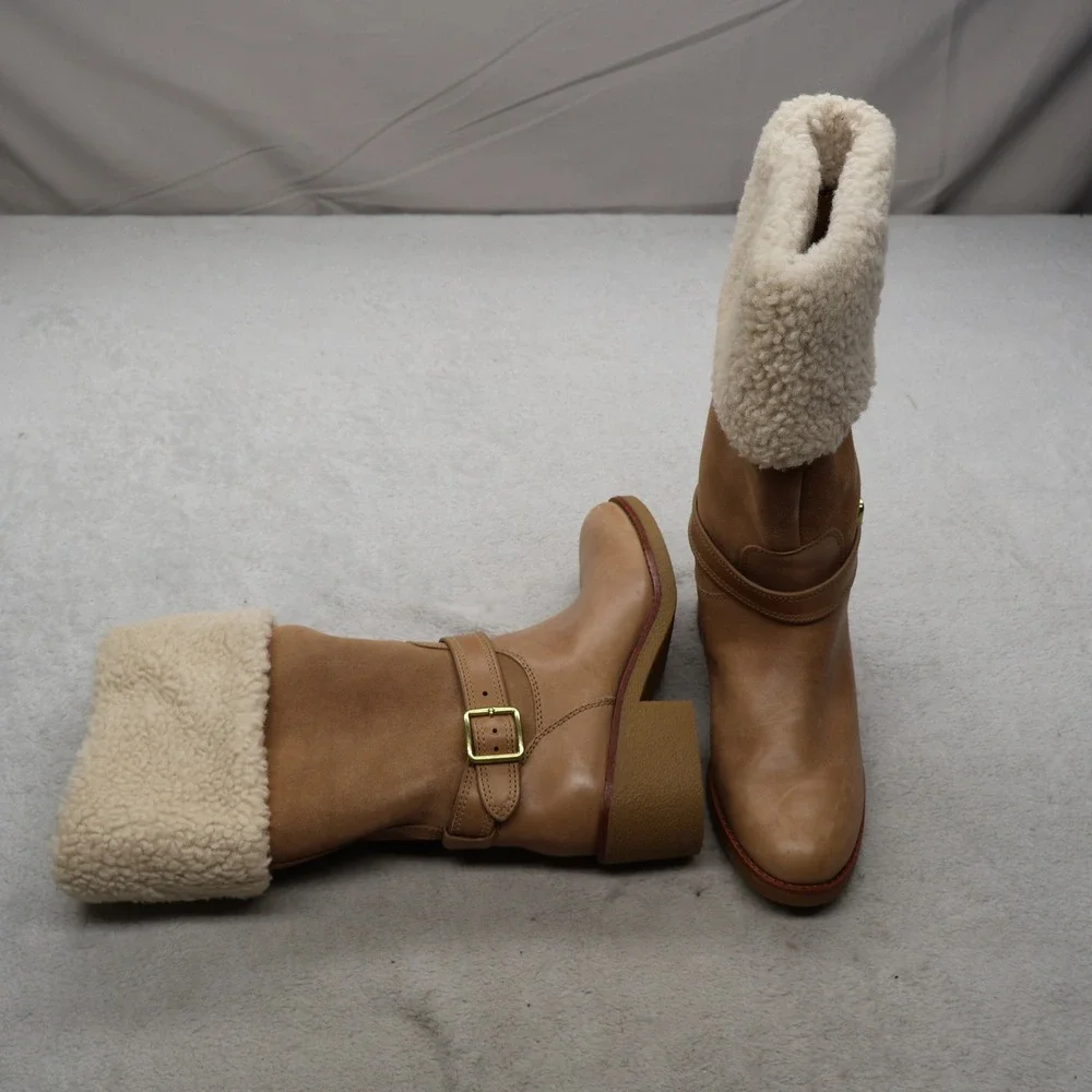 Coach Women 8.5B Boots Brown Parka Leather Shearling Buckle Designer Chic A01640